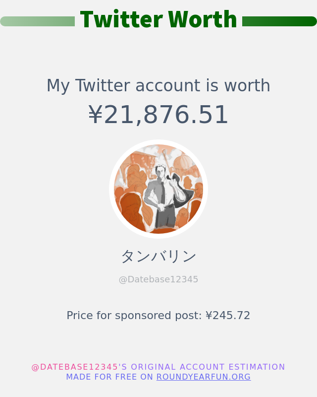 Datebase12345's tweet photo. 私のTwitterの価値は : ¥21,876.51

➡️ https://t.co/guRqzJNAtO https://t.co/qsqxS2UMtn