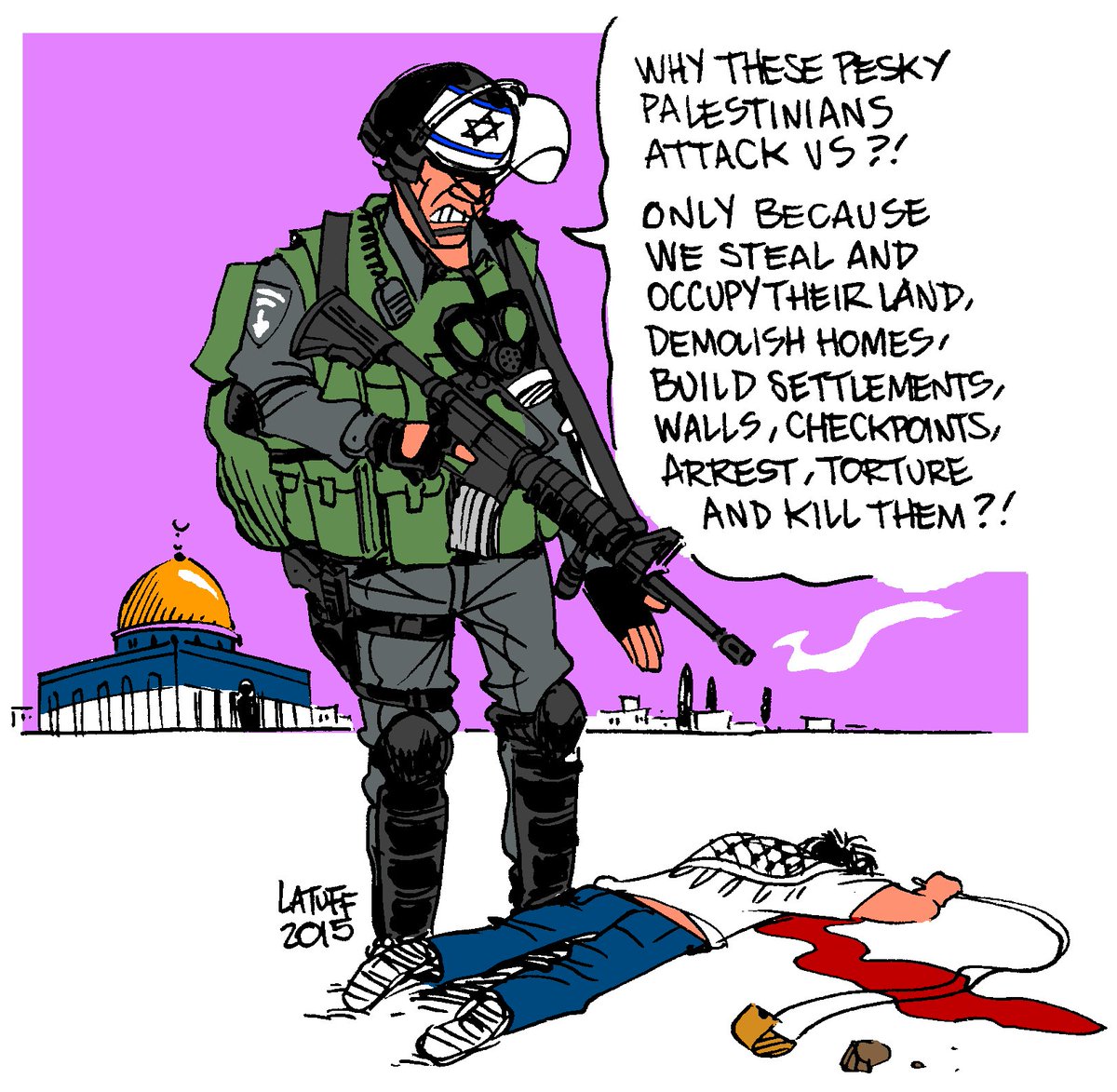 LatuffCartoons's tweet photo. Pro-Israel think tanks try to convince people that Palestinians attack while Israel only defends itself. But what they deliberately omit is the fact that Israel occupies Palestinian land, oppresses, kills Palestinians and when they decide to react, they're accused of terrorism. https://t.co/YoL6yAmofl