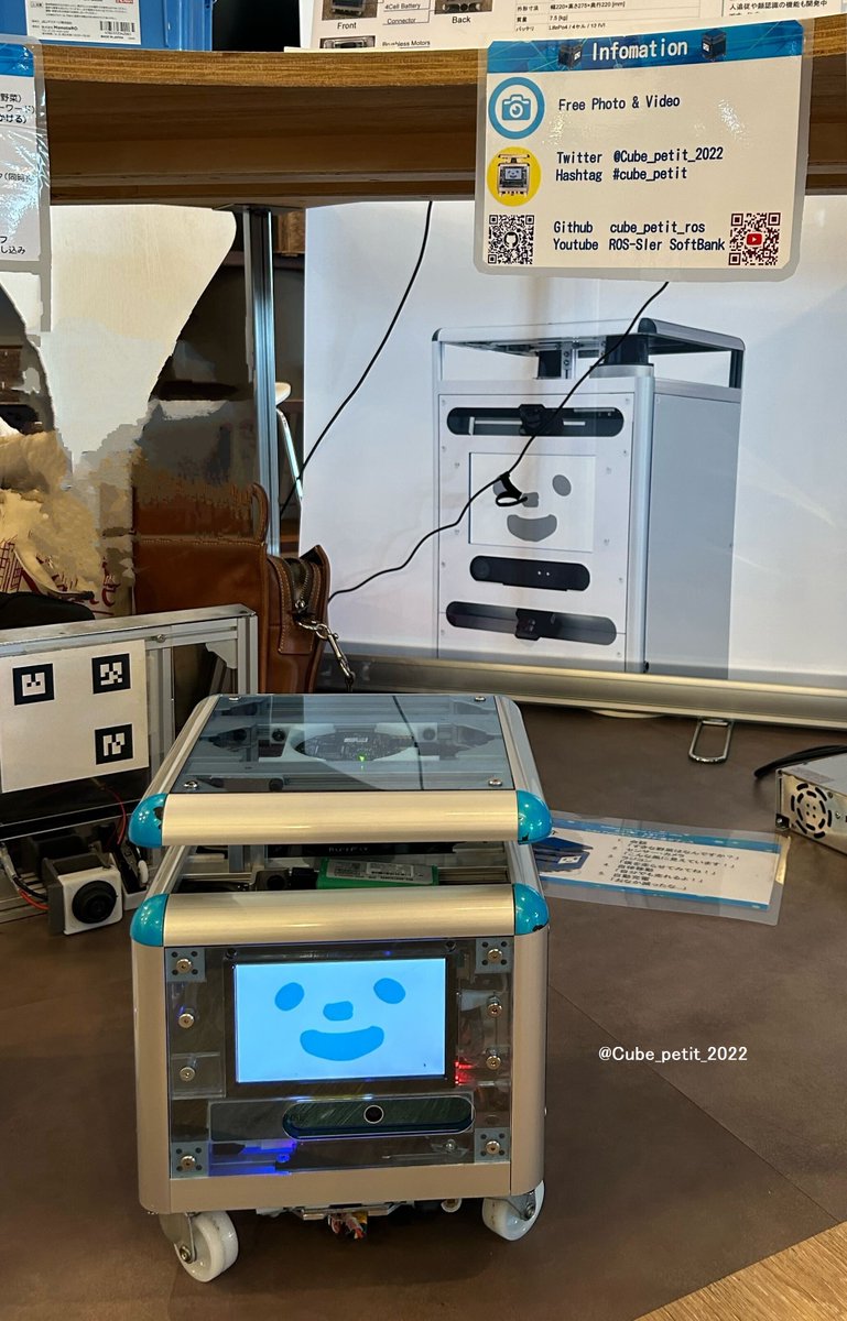 Cube_petit_2022's tweet photo. ROS Japan UG #50 ROS Robot Party!にて、
自律走行ロボット「Cube petit」の展示をしています！
このあと16時より動画配信があります！お時間ある方はご覧ください！

詳細：https://t.co/QaD3MJPdCT
#ROS #cube_petit #ROSRobotParty #rosjp https://t.co/lrzil8qYeT