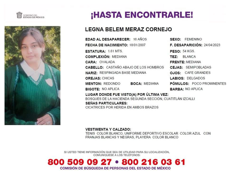Solicitamos de tu apoyo en difusión para dar pronta localización a Legna Belém Meraz Cornejo, comunícate a los teléfonos de COBUPEM 800 216 0361, 800 509 0927. #TodosEnLaBúsqueda