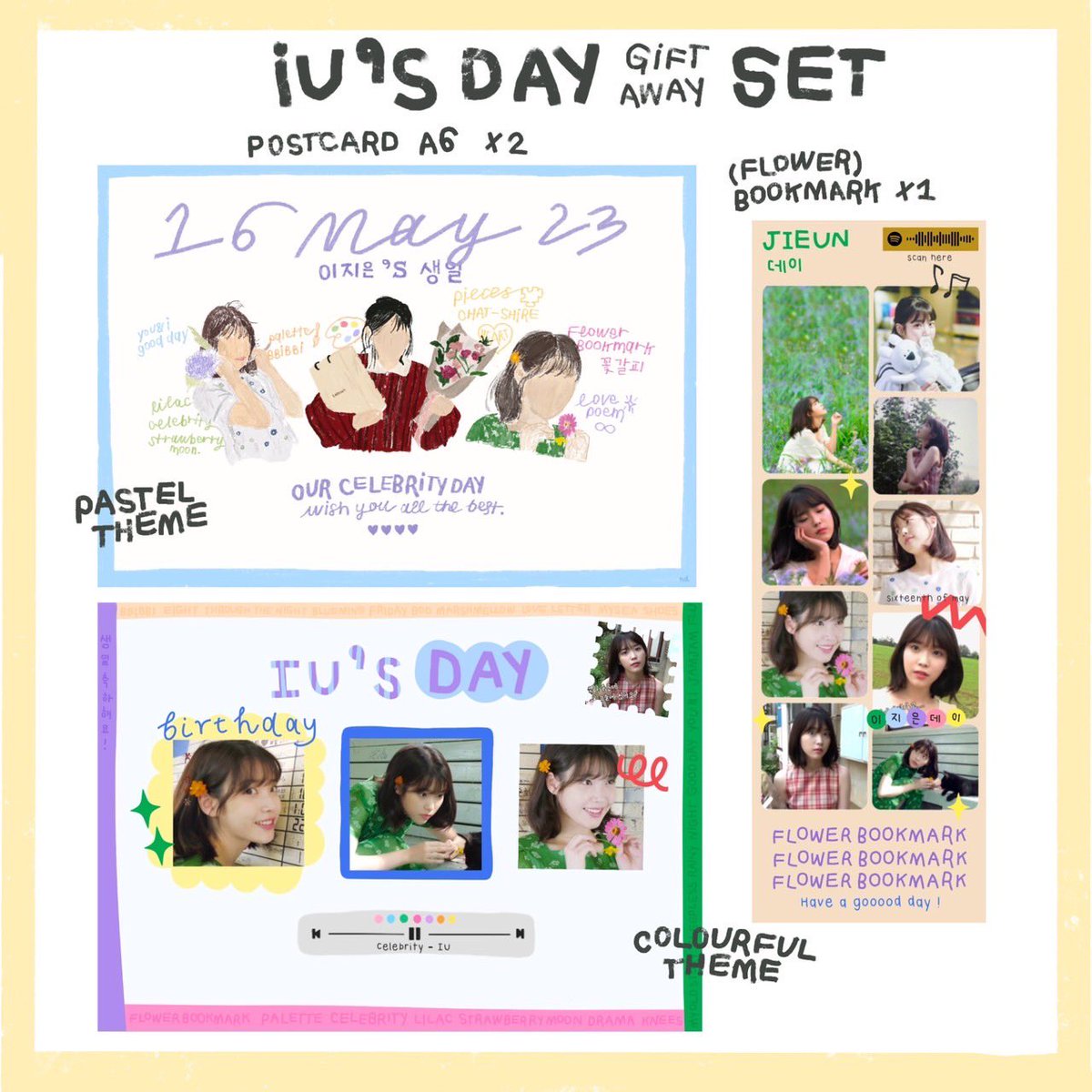 ( pls retweet )

🪻iu’s day giftaway set

♡ จัดส่งเท่านั้น
• shipping fee 30.-📮
• 1 set
  - A6 postcard 2 ลาย
  - ที่คั่นหนังสือ 1 ใบ

⭐️ เปิดฟอร์ม 16/05 เวลา 18.00 นะคะ 
จำนวนชุดขอดูจำนวนคนที่สนใจก่อนนะค้าบ ♡
#HAPPY_IU_DAY #IUgiveaway #IUdaywithBangaena #ตลาดนัดไอยู #ไอยู