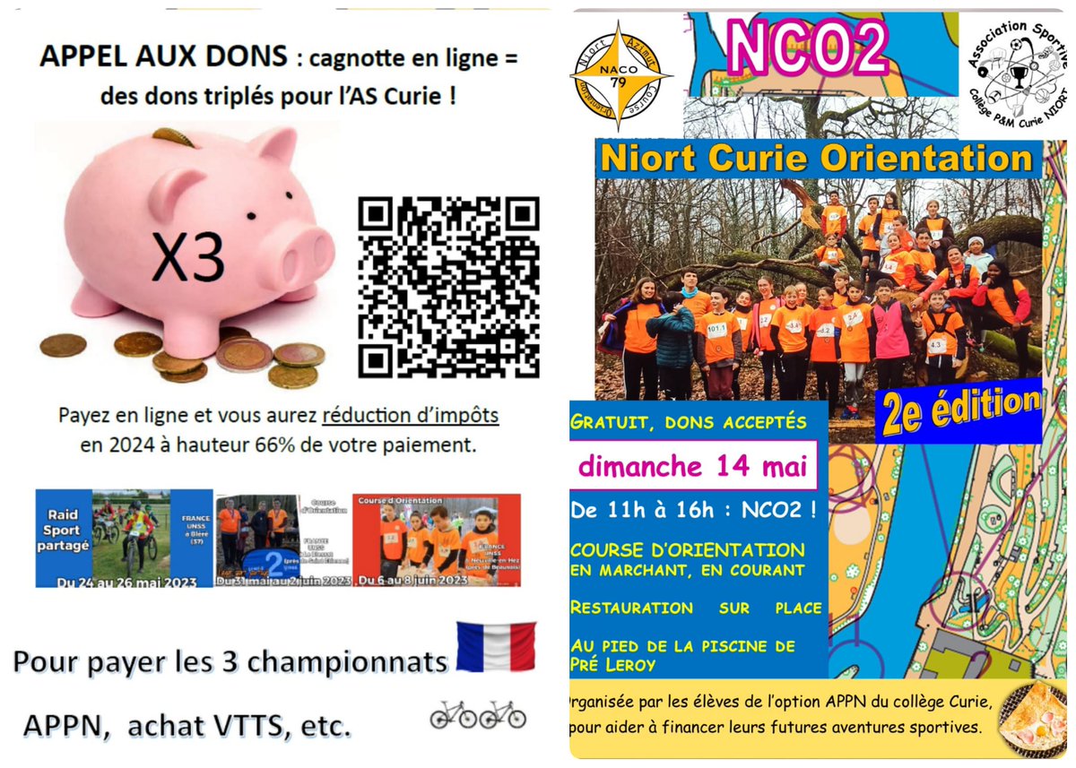 Les collégiens de Curie ont besoin d'aide pour financer leurs 3 championnats de 🇨🇵🚲🧭🌳, entre le 24 mai et le 8 juin 2023:
Raid sport partagé , CO sport partagé  et CO=3 lieux≠ dgxy.link/appn
 ⚠️Déductible impôt à hauteur 66% pour les particuliers (60%  entreprises)