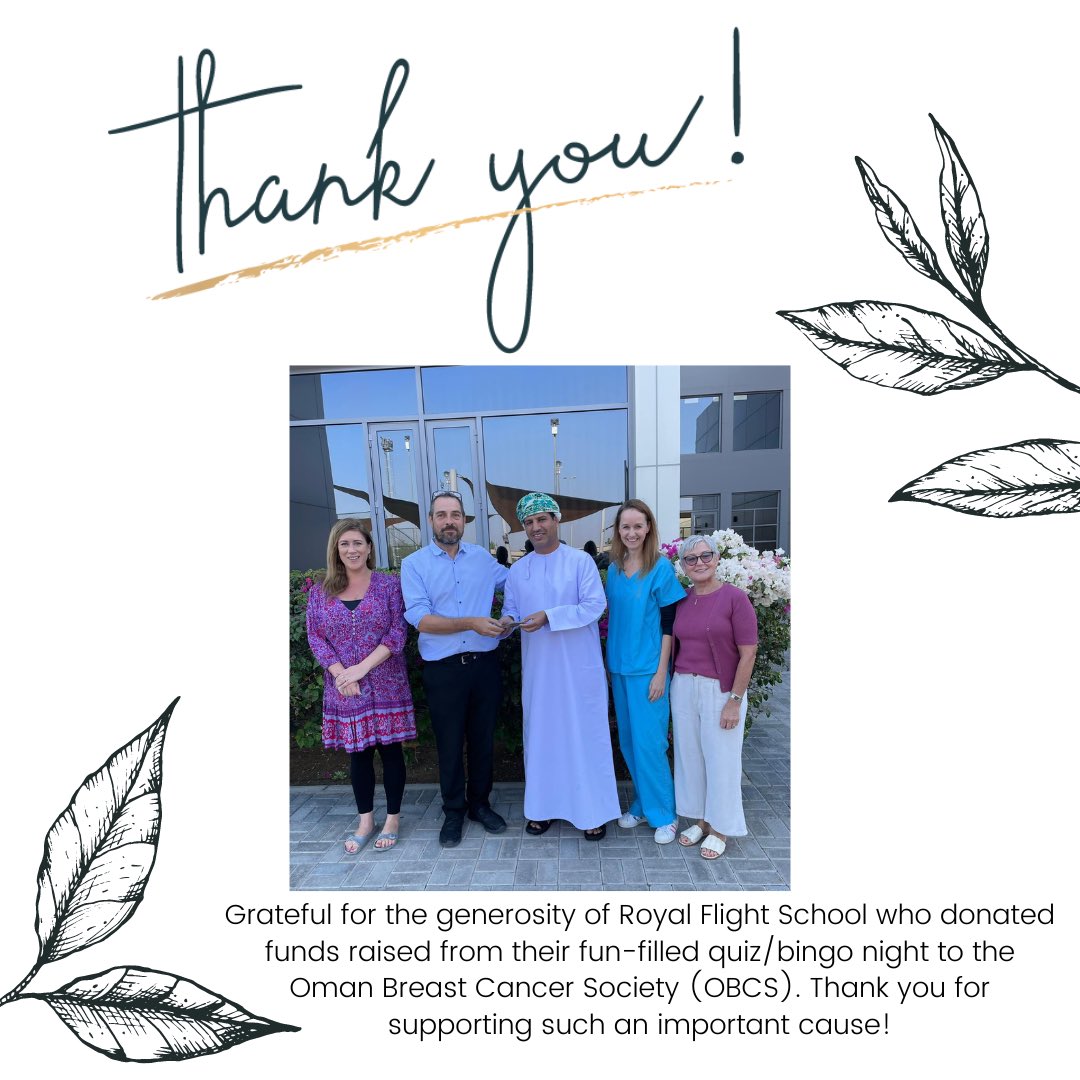 info_OBCS's tweet photo. Grateful for the generosity of Royal Flight School who donated funds raised from their fun-filled quiz/bingo night to the Oman Breast Cancer Society (OBCS). Thank you for supporting such an important cause! https://t.co/5XY3DqPqRk