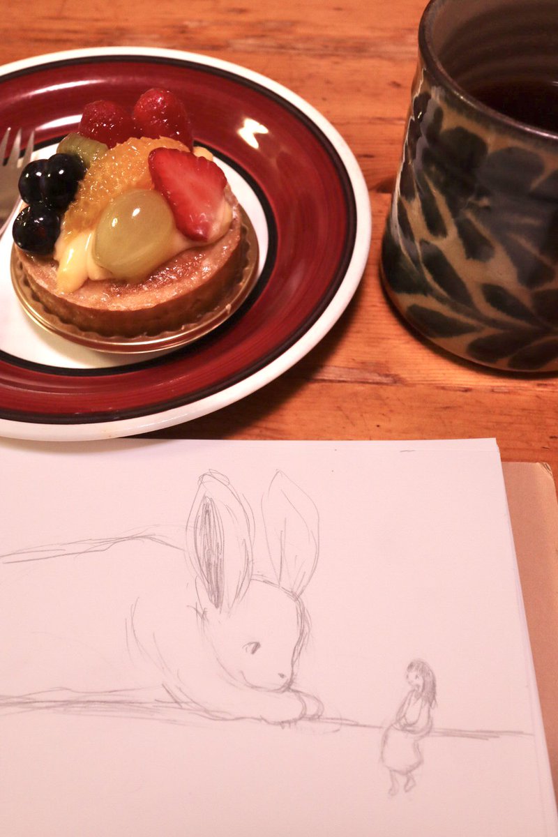 food rabbit 1girl cup fruit plate minigirl  illustration images