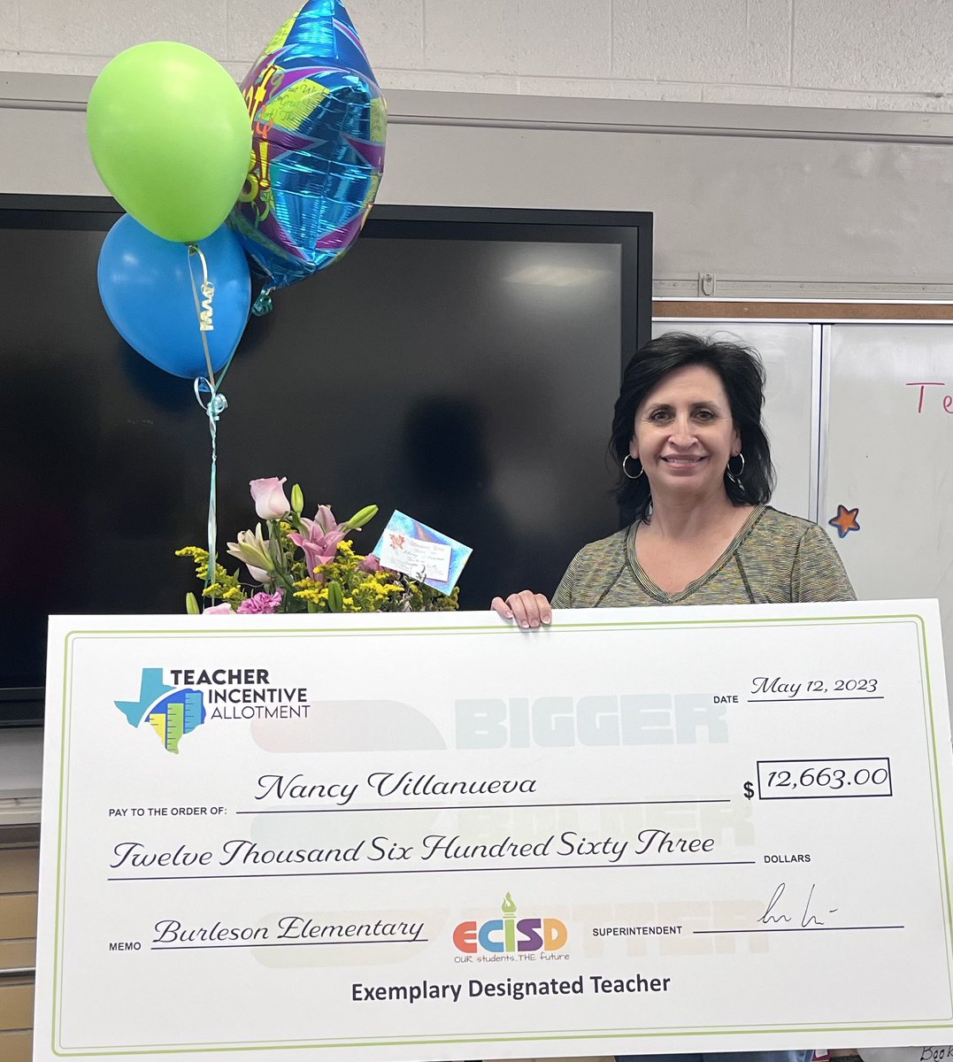 Congratulations to Ms. Villanueva for being designated as an Exemplary Designated Teacher! She received $12, 663 from the Teacher Incentive Allotment Program! Outstanding!🎉⭐️