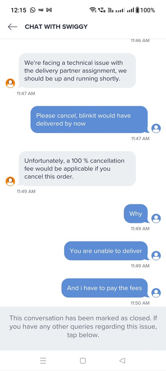 TygiAmitabh's tweet photo. #swiggy #instamart 
50 min after placing order no one is assigned, and your customer support sys 100% cancellation, start begging in the name of swiggy, i m the one who will not get items n paying for it https://t.co/PAGJZHT99B