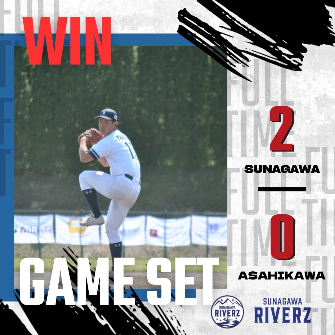 sunagawariverz's tweet photo. 【試合終了】
5月14日(日)
すながわリバーズ開幕戦

2-0で勝利です！

先発#柳田龍馬 が8回途中までノーヒットピッチング💪
その後ヒットを許すも9回を完封。

打っては、9安打！！
新戦力の#岡本颯 #矢野龍太 がマルチ安打
#飯田直輝 もマルチ安打の活躍でした！ https://t.co/0k0jUO6kSP