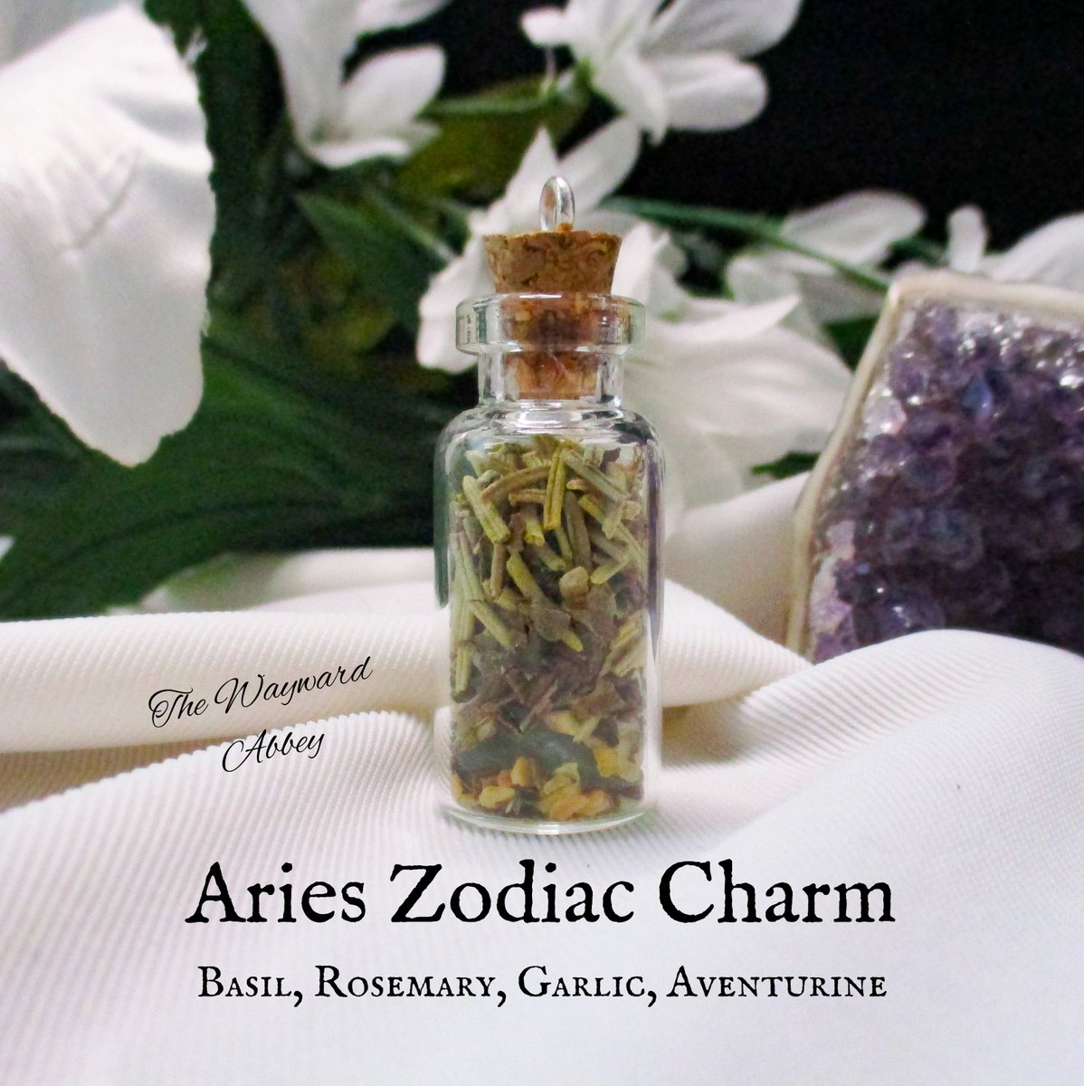 Aries Zodiac Charm Basil, Rosemary, Garlic, & Aventurine Meant to help balance those born under this zodiac. 2mL mini glass jar with herbs & stone chips Comes with 30” black satin cord. etsy.com/listing/941309… 10% off today & tomorrow, no code needed! ~Blessings~Courtney