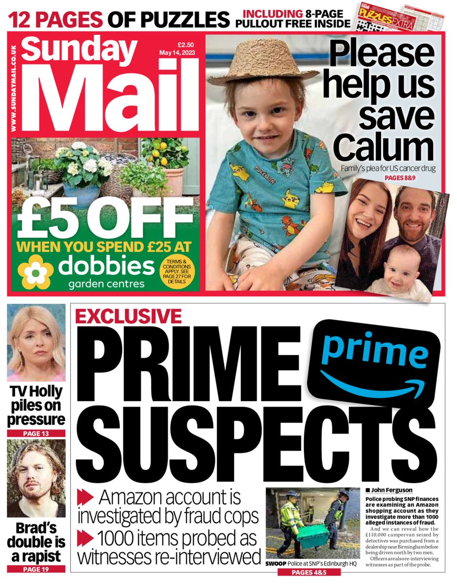 Sunday_Mail's tweet photo. This week's Sunday Mail leads on police probing SNP finances are examining an Amazon shopping account as they investigate more than 1000 alleged instances of fraud #ScotPapers https://t.co/5RPQxVS3L1