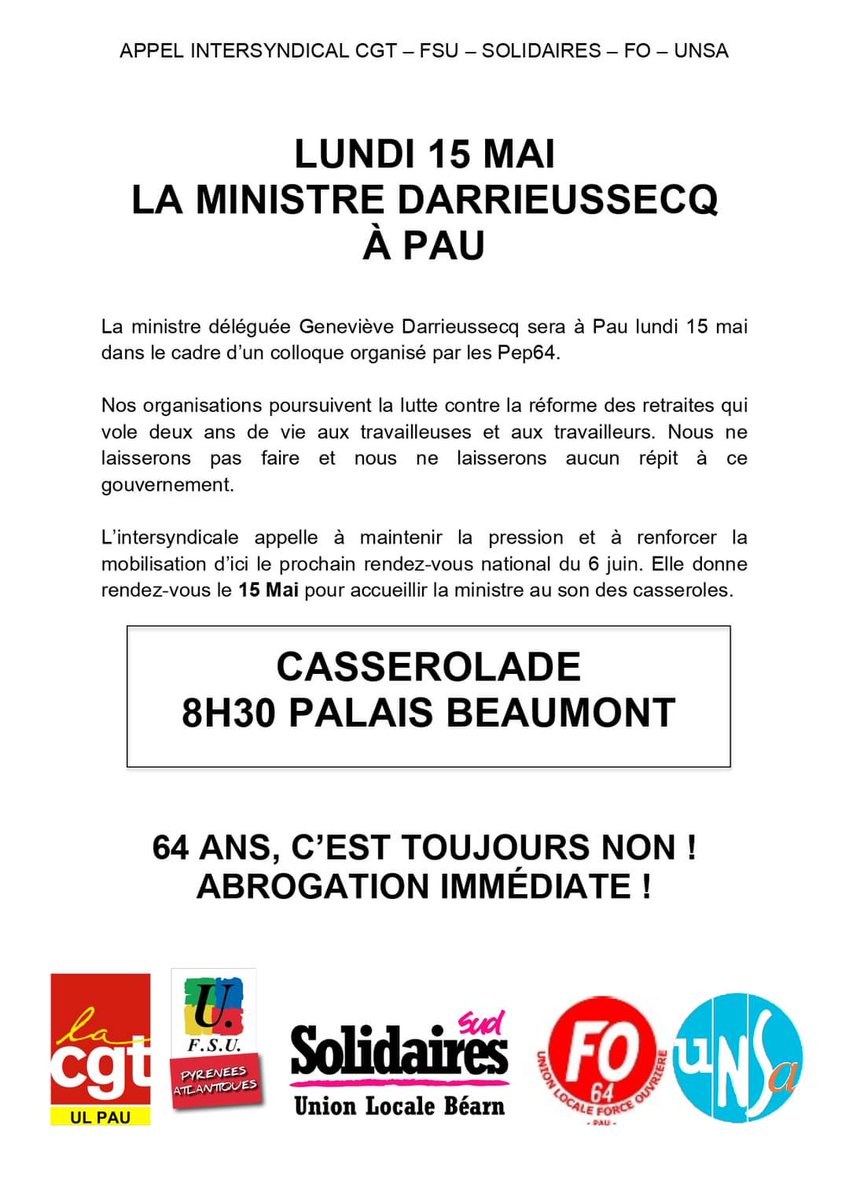 PyreneesSnes's tweet photo. RDV lundi 15 mai à 8h30, au son des casseroles, Palais Beaumont à Pau! #ReformeDesRetraites #64A https://t.co/JX8hA07H0c