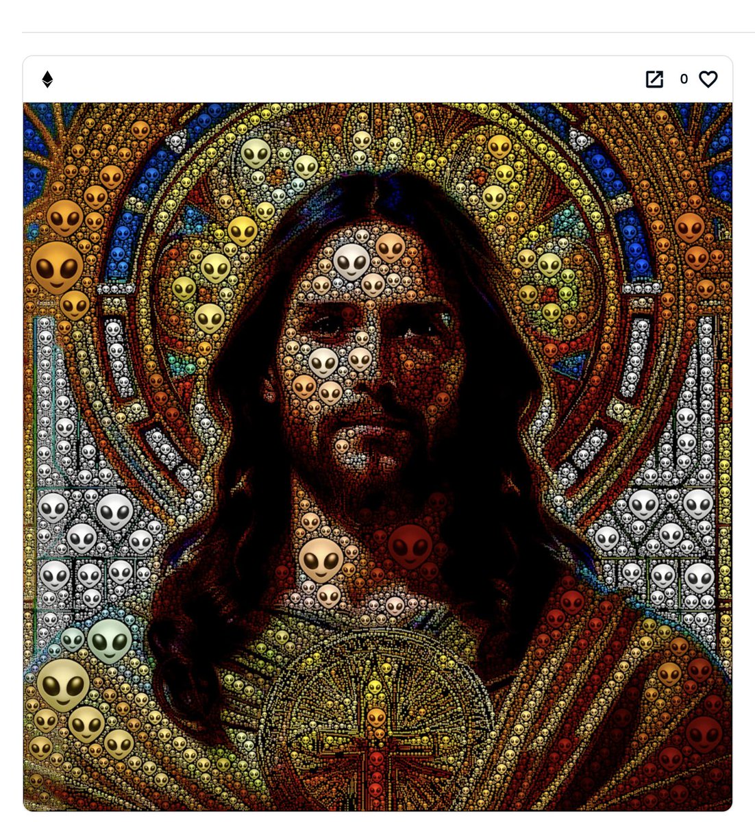 UFO_Sightings_X's tweet photo. Interstellar Redeemer, Jesus is an alien, made in only alien emoji, a new NFT. Now taking offers. #NFT #CryptoArt #AlienJesus #InterstellarRedeemer #CosmicRedemption #DigitalArt https://t.co/9sf59Q48kb https://t.co/EPcXGxeW2G