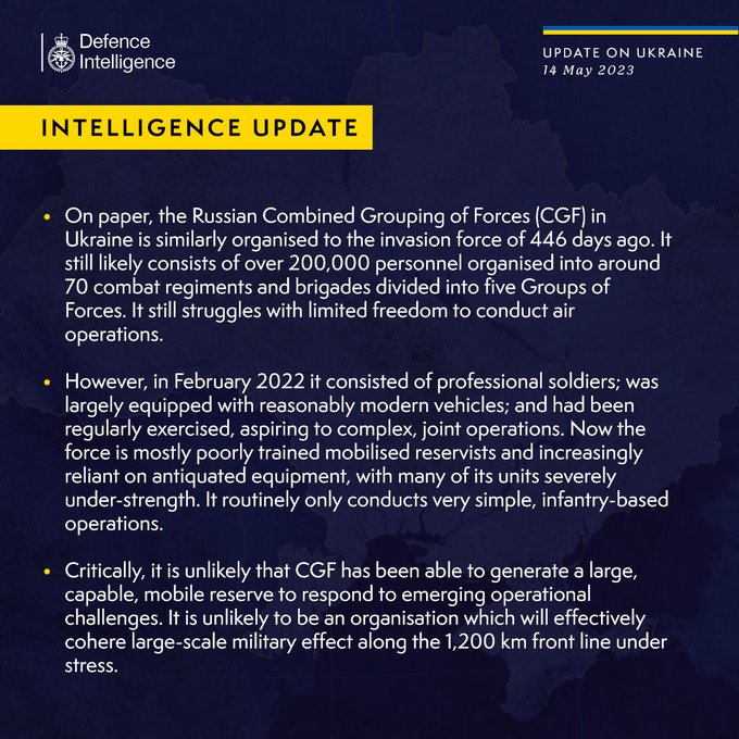 Latest Defence Intelligence update on the situation in Ukraine - 14 May 2023.