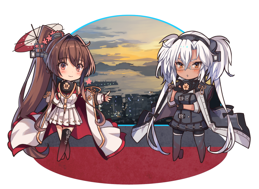 musashi (kancolle) ,musashi kai ni (kancolle) ,yamato (kancolle) multiple girls 2girls dark-skinned female glasses brown hair long hair red umbrella  illustration images