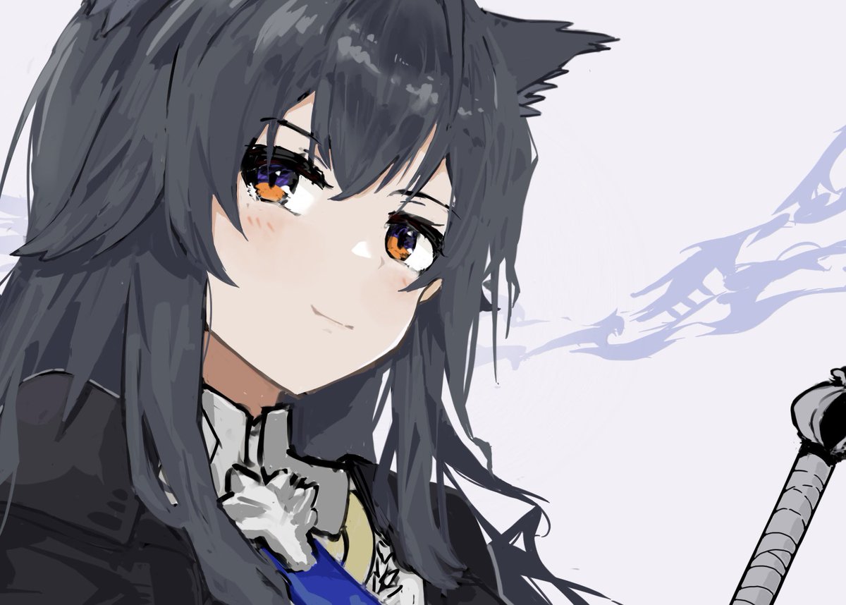 texas (arknights) 1girl solo black hair animal ears long hair looking at viewer simple background  illustration images