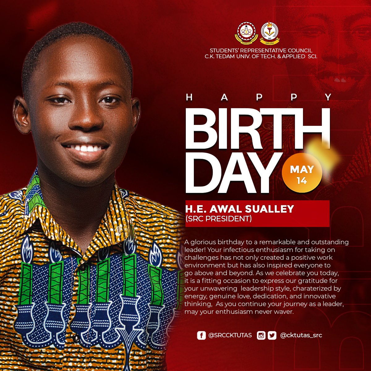 utas_src's tweet photo. Happy birthday and congratulations Mr. President (@awal_sualley). We are proud of your progress so far. Enjoy this special day with much love and tranquility 🎉🤝❤ https://t.co/tZGBG5WLZs
