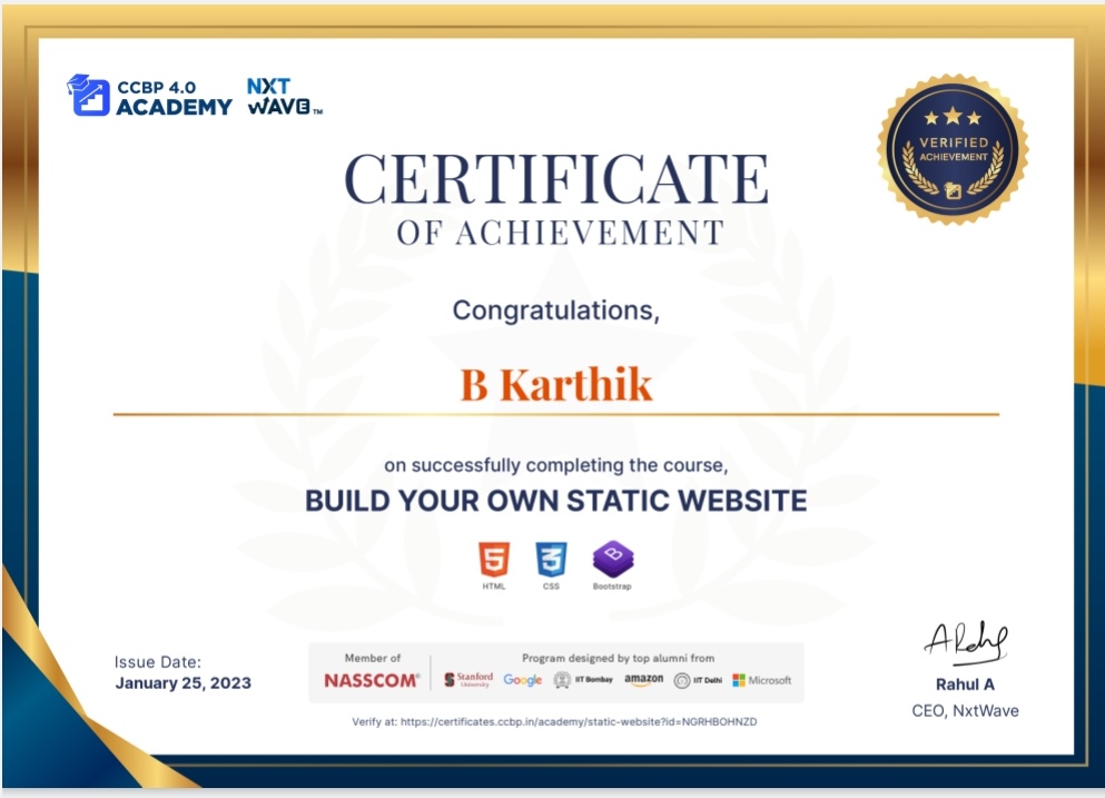 B__Karthik's tweet photo. Hello everyone 👋

I am very happy to share my 'Static ' website course completion certificate from NxtWave. 
#ccbp #NxtWave #staticwebsite #ccbpian https://t.co/LCqpIAQ2Ow