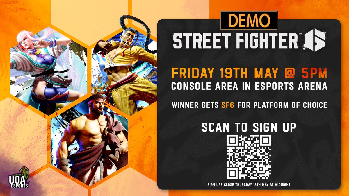 Get ready to unleash your skills in our upcoming Street Fighter 6 Demo Tournament!🥊 

Friday 19th May, 5pm @ Esports Arena (Kate Edger, lvl 1)
(casuals from 4pm warm ups)

For any questions, feel free to ask Takuya#8786 

MORE INFO in sign up sheet below!
docs.google.com/forms/d/e/1FAI…