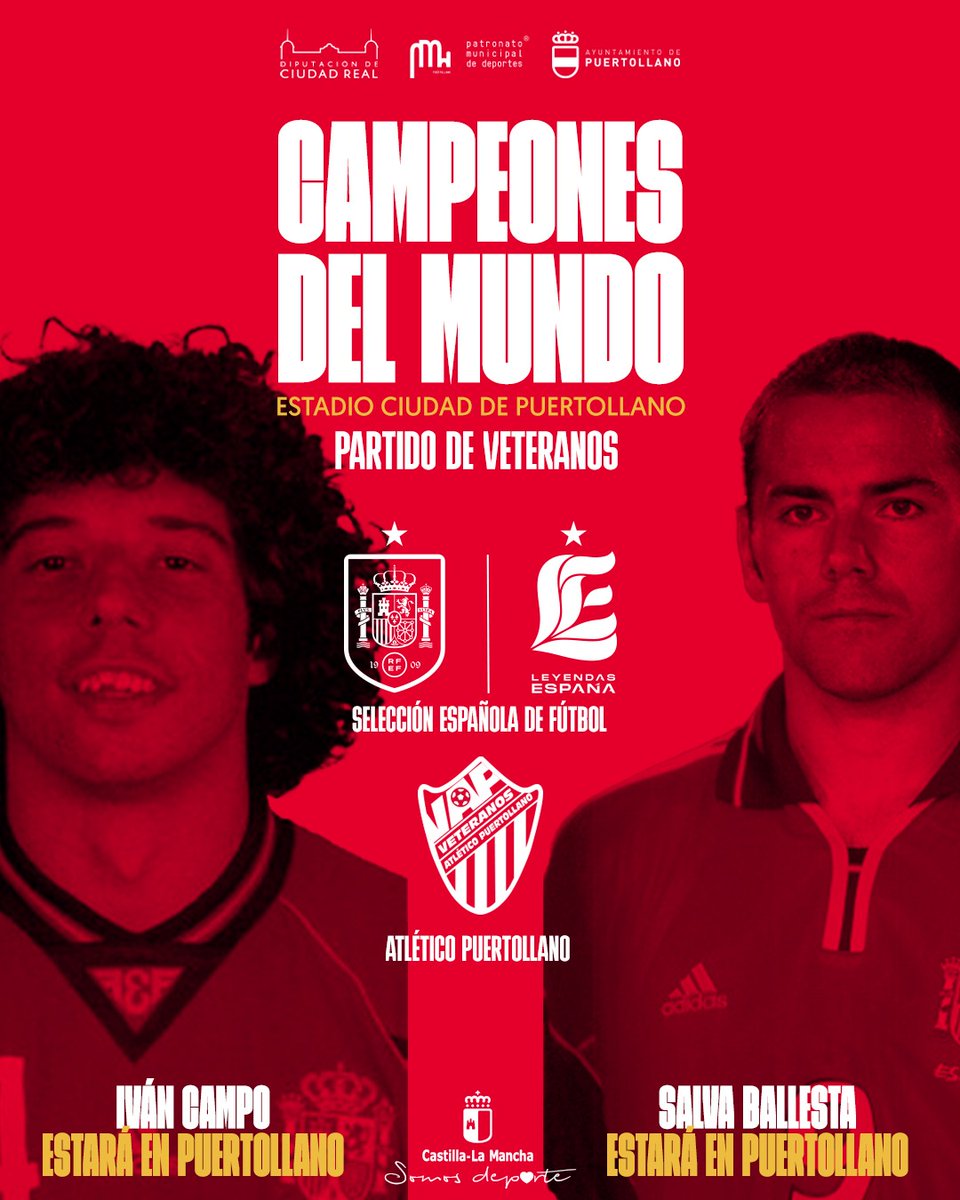 AtcoVeteranos's tweet photo. Y... el sábado 27 de Mayo, desde las 12:00 horas en el Estadio Ciudad de Puertollano podremos ver a:

IVÁN CAMPO y SALVA BALLESTA defenderán la camiseta de las @leyendasespana para medirse a los Veteranos del Atlético Puertollano https://t.co/kTgievlWnf