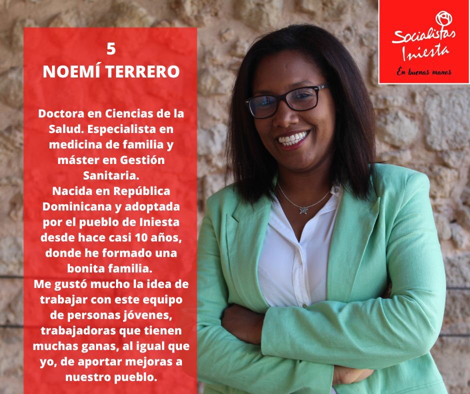 IniestaPsoe's tweet photo. 𝐍𝐔𝐄𝐒𝐓𝐑𝐀 𝐋𝐈𝐒𝐓𝐀

5

👉🏻 Noemí Terrero Ledesma

Noemí es doctora en Ciencias de la Salud. Es especialista en medicina de familia y máster en Gestión Sanitaria.

Bienvenida, Noemí. ¡Y gracias! 👏👏

#Iniesta #PSOE #enbuenasmanos #iniestaenbuenasmanos #psoeiniesta https://t.co/RPtnGuRPVR