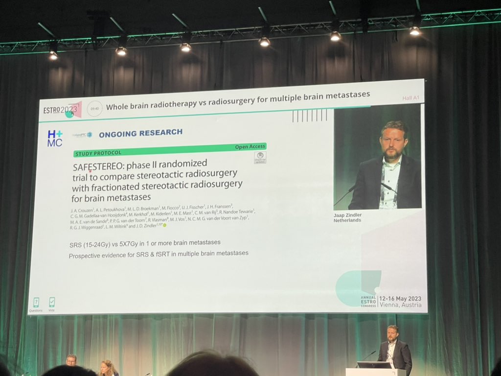 WBRT vs. SRS for multiple BM. Difficult to accrue pts for these important studies bc both RO & pts prefer SRS. 
Dutch guidelines suggest SRS for >10 BM in well selected pts. Future directions looking at single vs fractionated schedules. #ESTRO2023