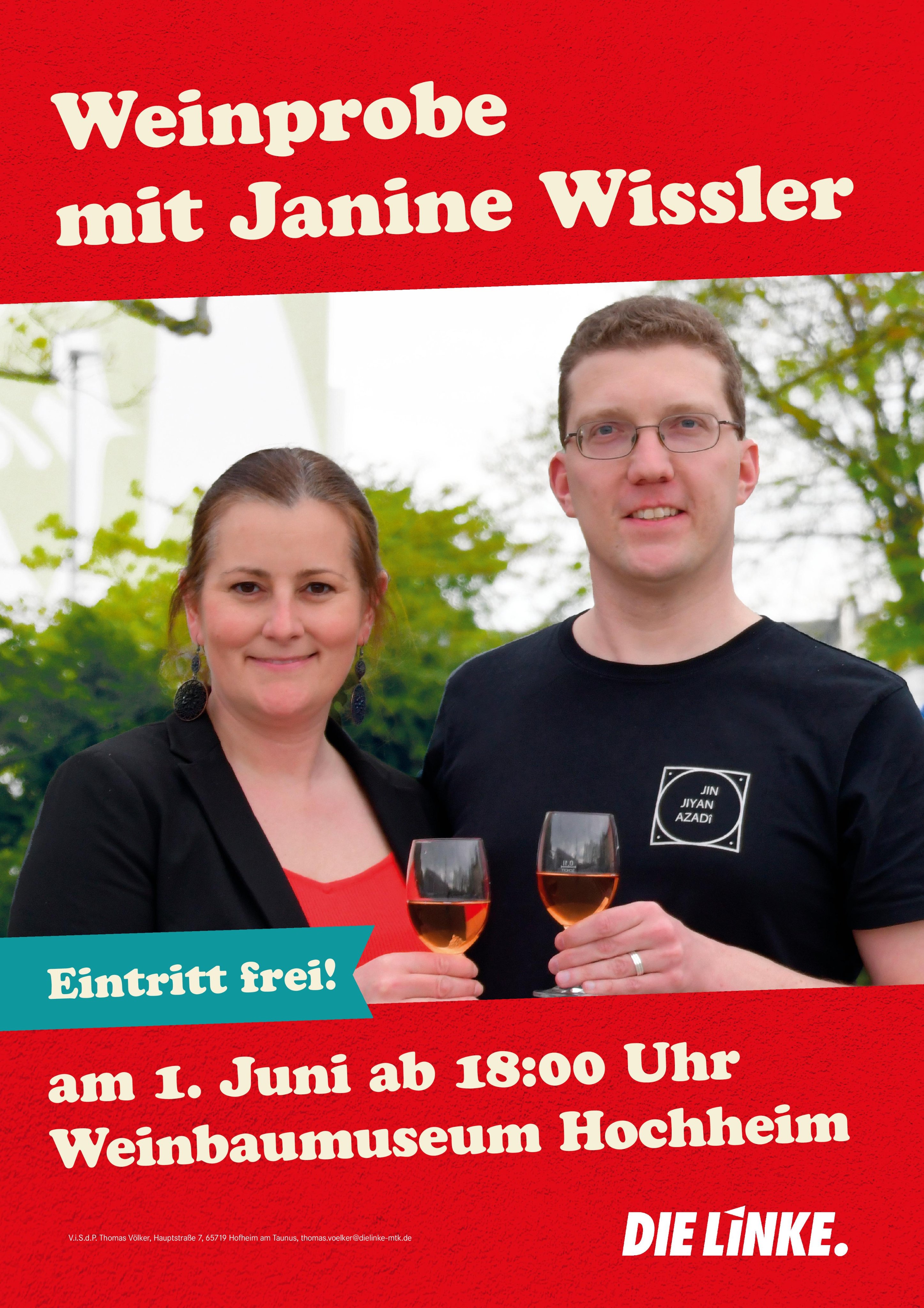 Ein Foto von Janine und mir mit gefüllten Weingläsern in der Hand. Dazu der Text: Weinprobe mit Janine Wissler, 1. Juni ab 18 Uhr im Weinbaumuseum in Hochheim. Eintritt frei!