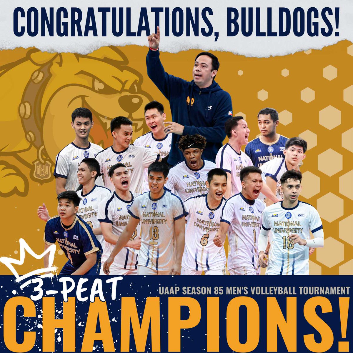 Kings of UAAP Volleyball! 👑

Congratulations, NU Bulldogs for bagging the third straight Championship title in the UAAP Men's Volleyball Tournament today at the Mall of Asia Arena.

Player photos: UAAP Media Bureau / NU-MVT
#GoBulldogs #UAAPSeason85