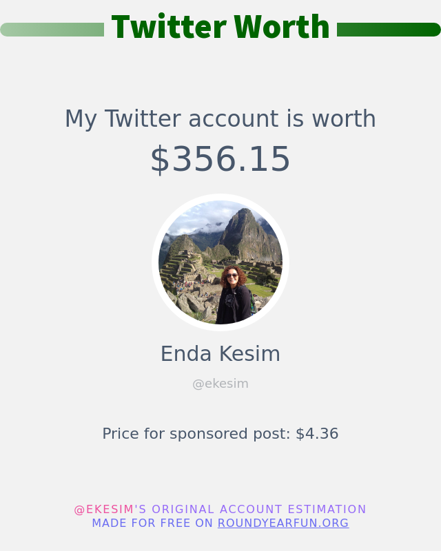 ekesim's tweet photo. My Twitter worth is: $356.15

➡️ https://t.co/UhxECxLiE4 https://t.co/fkyf2dnJC2