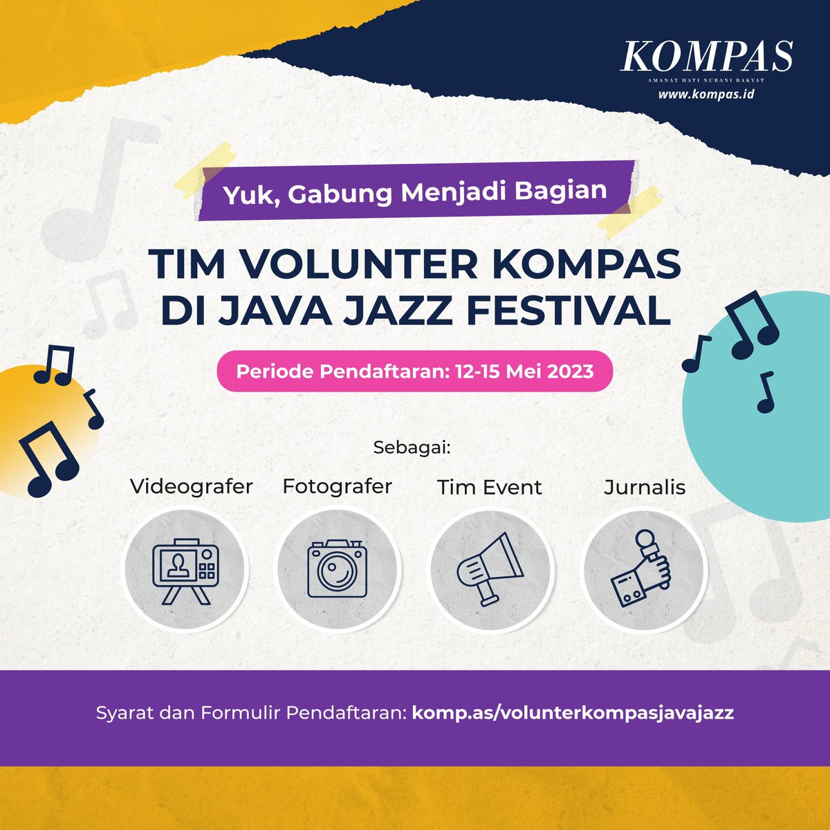 Tinggal satu hari lagi! Teruntuk kamu yang mau menjadi #VolunterKompasMuda di Java Jazz Festival 2023, yuk, daftar segera. Batas pendaftaran hanya sampai 15 Mei 2023. Jangan lupa bagikan ke teman-temanmu juga ya.
Daftar di sini: komp.as/volunterkompas…