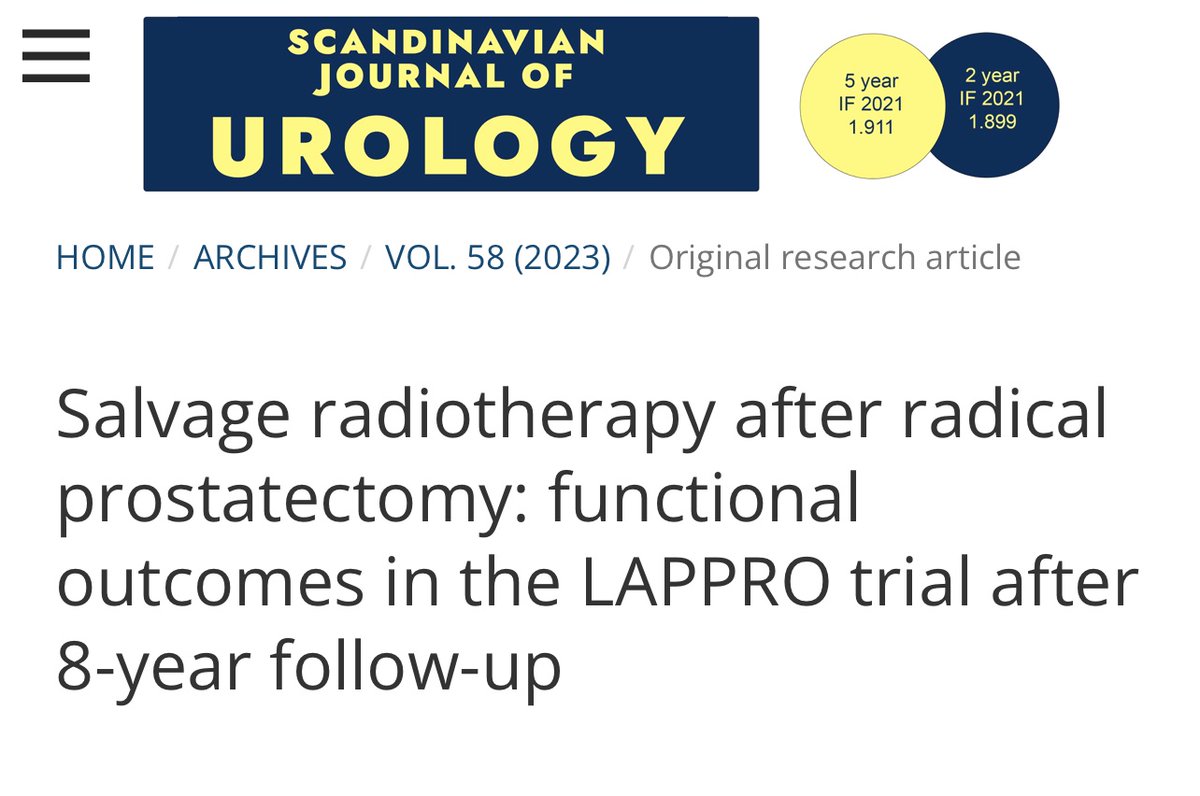 Salvage radiotherapy associated w ⬆️ risk for:
⚠️fecal leakage
⚠️hematochezia
⚠️urinary incontinence
⚠️ hematuria 

⏩️ Avoid over-tx &amp; give high quality pre-tx info to ensure patients’ preparedness for late side-effects. 

Link to full text: medicaljournalssweden.se/SJU/article/vi…