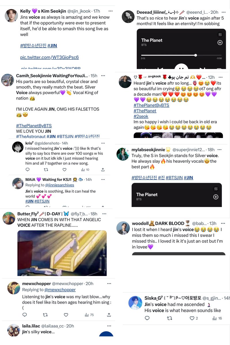 seokjinism1's tweet photo. I was going through the comment sections &amp; in ALL apps, it is dominated with praises for Seokjin's heavenly voice in #ThePlanetByBTS 

Some: 
"My favorite part in the planet is Jin's. his voice is everything here"
"Jin voice always the best part"
"Jin's voice is the best voice" https://t.co/C3kjSHcU9G