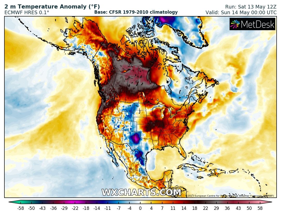 ScottDuncanWX's tweet photo. This is all part of a bigger 'heatwave' ongoing over much of Western Canada. Inevitable that more records will break in the coming days.

This map shows how much warmer (🔴) or cooler (🔵) it is compared to average. https://t.co/swVePWciJf