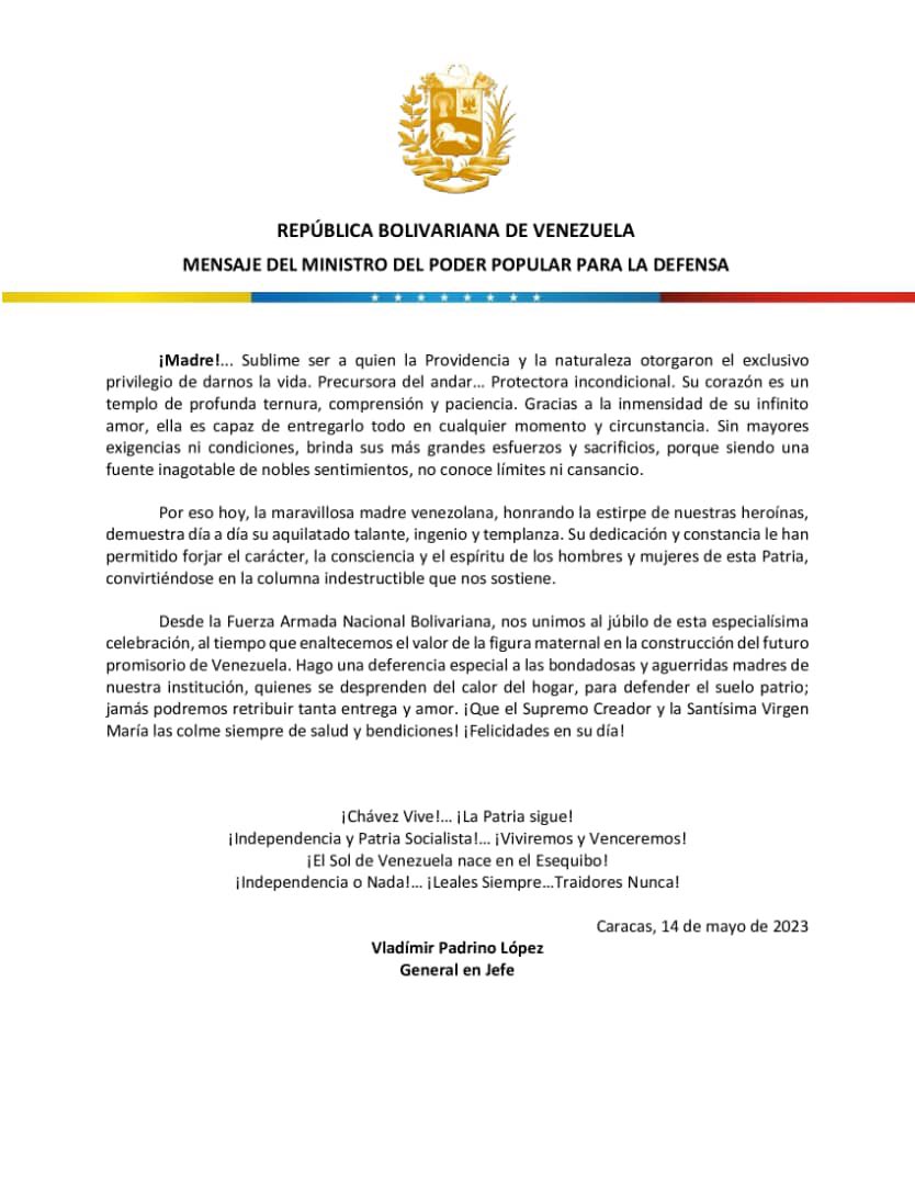 TVFANB (@tvfanb) on Twitter photo #14May 📄 #Importante || Mensaje de nuestro MPPD GJ. <a href="/vladimirpadrino/">Vladimir Padrino L.</a> , con motivo de celebrarse el Día de las Madres.
Enlace: acortar.link/vqIgdt
#DiaDeLaMadreEnAmor
<a href="/NicolasMaduro/">Nicolás Maduro</a>
<a href="/dhernandezlarez/">GJ. Domingo Hernández Lárez</a>
<a href="/FerrerSandrea/">M/G. Danny Ferrer Sandrea</a>
@libertad003
<a href="/digesfanb/">Dir. Gral. de Empresas y Servicios FANB</a>
<a href="/DigesaludFANB/">DIGESALUDFANB</a>
<a href="/ServiciosMPPDVe/">Viceministerio de Servicios para la Defensa 🇻🇪</a> #14May 📄 #Importante || Mensaje de nuestro MPPD GJ. <a href="/vladimirpadrino/">Vladimir Padrino L.</a> , con motivo de celebrarse el Día de las Madres.
Enlace: acortar.link/vqIgdt
#DiaDeLaMadreEnAmor
<a href="/NicolasMaduro/">Nicolás Maduro</a>
<a href="/dhernandezlarez/">GJ. Domingo Hernández Lárez</a>
<a href="/FerrerSandrea/">M/G. Danny Ferrer Sandrea</a>
@libertad003
<a href="/digesfanb/">Dir. Gral. de Empresas y Servicios FANB</a>
<a href="/DigesaludFANB/">DIGESALUDFANB</a>
<a href="/ServiciosMPPDVe/">Viceministerio de Servicios para la Defensa 🇻🇪</a>