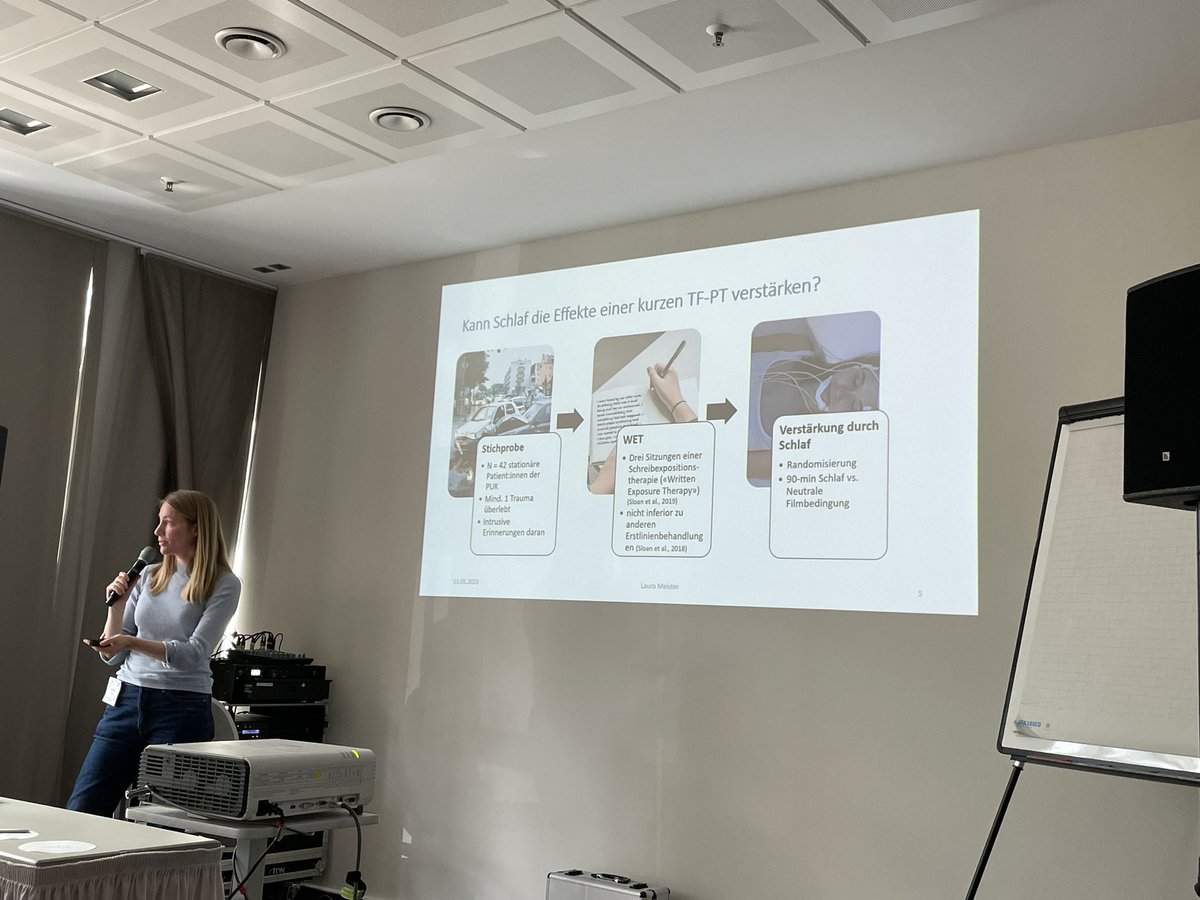 Danach <a href="/Lauraameister/">Laura Meister</a> (Zürich) zu add Effekten von Schlaf nach written exposure Intervention. Pat., die nach der Sitzung 90 min. zum Schlafen hatten, zeigten sign. größere Verbesserung der PTBS Symp. Lern- und Gedächtnisfaktoren potentielle Mediatoren. Improve effectiveness!