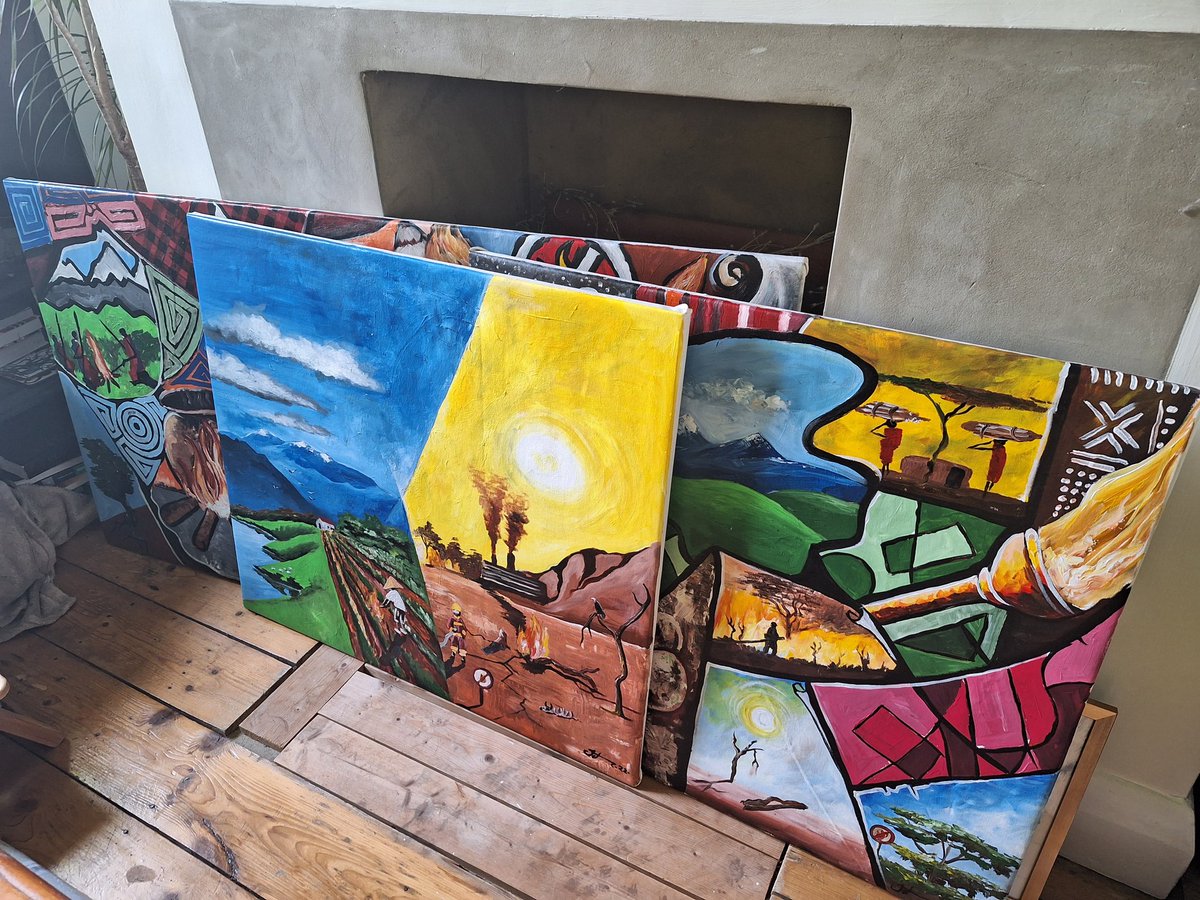 centrewildfires's tweet photo. Some weekend DIY... paintings from our workshop in Nairobi, by artist Shedrack Musyoki, stretched onto frames ready for display and discussion at our workshop @SciGalleryLon and @StrathmoreSTH on Tues 16th. Still time to sign up, in person or online!  https://t.co/tIoCVowKY6 https://t.co/l4LxlVdAIq