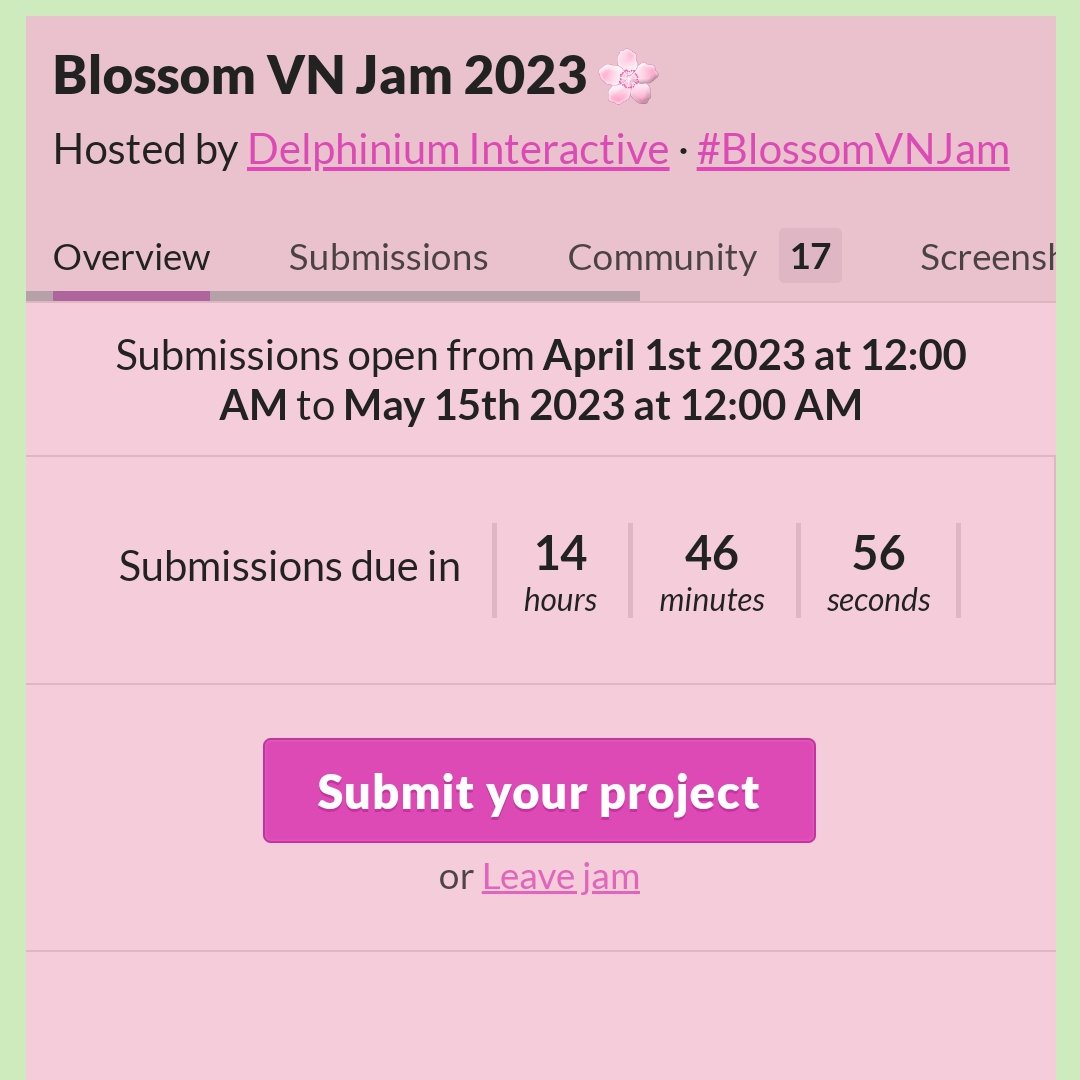 TidalBlossoms's tweet image. Last call for #BlossomVNJam submissions 💕

With 14 hours left, it's time to once again thank everyone who has participated in this first run of Blossom VN Jam 🌷

I will be hosting it next year and hope to see it become a memorable VN jam 🐰

#VNDev #VisualNovel #OtomeDev #Otome