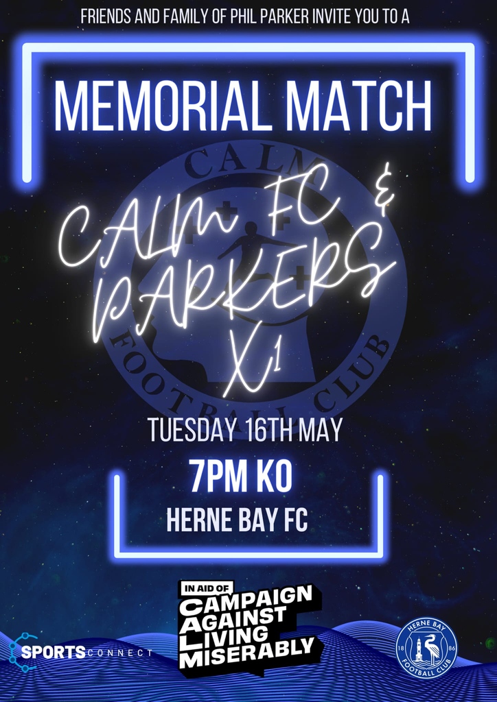 HerneBayFC's tweet photo. ⚠ THIS TUESDAY! ⚠

Join us for a memorial football game in honour of Phil Parker.

🗓️ 16/05/23
🕒 7pm KO
🏟️ MBS Stadium (CT6 5SG)

@sportsconnectUK @BeThe12thMan
#WeAreTheBay https://t.co/JyrKUcBlVI