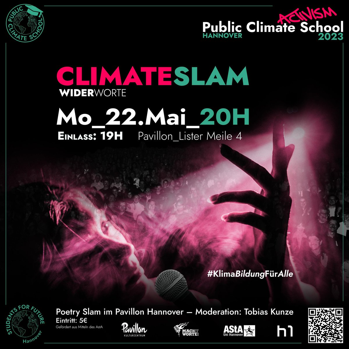 Am 22.05. findet direkt ein Highlight der #PublicClimateSchool statt:
Zusammen mit MachtWorte organisieren wir einen spannenden Poetry Slam, bei dem 6 Slammer*innen ihre Gedanken zur #Klimakrise teilen!
Das wird meeega! Kommt alle vorbei! 💚
