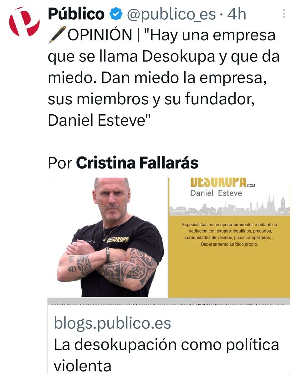 A mí no me dan miedo ni Desokupa ni Dani Esteve. A mí quienes me aterran son Cristina Fallarás y todos los que justifican y aplauden el ataque a la propiedad privada.
La izquierda no mide sus ataques: cualquiera que se haya dejado la vida para tener un piso no los votará jamás.