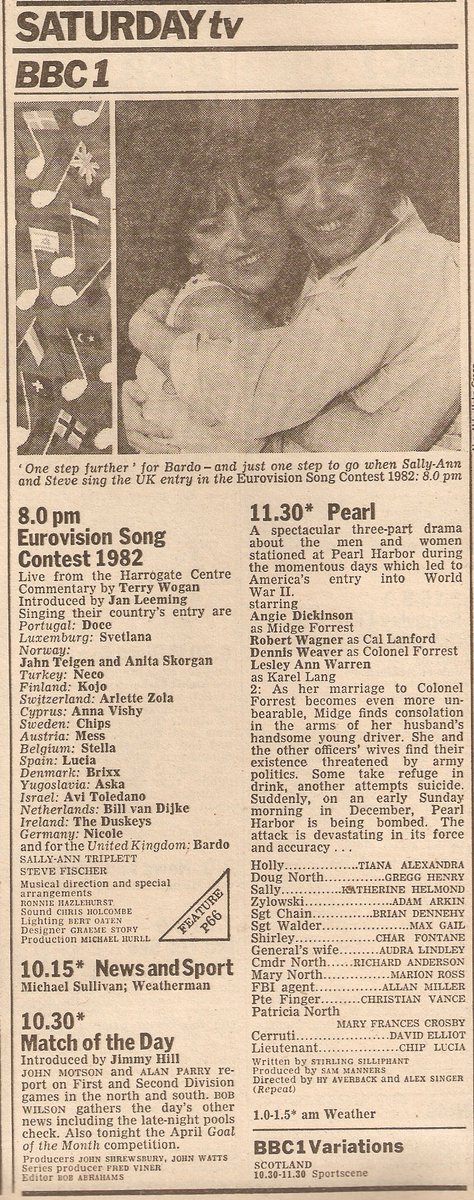 Radiojottings's tweet photo. With #JanLeeming trending last night on  #Eurovision2023 I've dug out the 1982 Radio Times when the ESC came from Harrogate. Running time just over 2 hours! Behind the scenes article. Last night Germany were bottom of the table but in 82 Nicole's Ein Biβchen Frieden won https://t.co/qMxBTa8duR