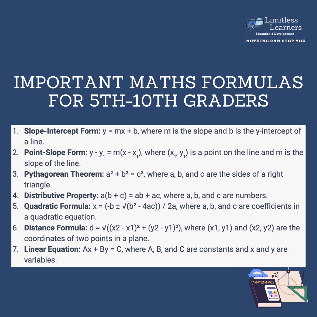 Master the basics of #algebra with these basic #formulas! From #linearequations to the #PythagoreanTheorem, these formulas will take you from 5th grade to 10th grade and beyond. With practice and dedication, you'll be an algebra whiz in no time! 

Follow us for more content 🧑‍🎓📈