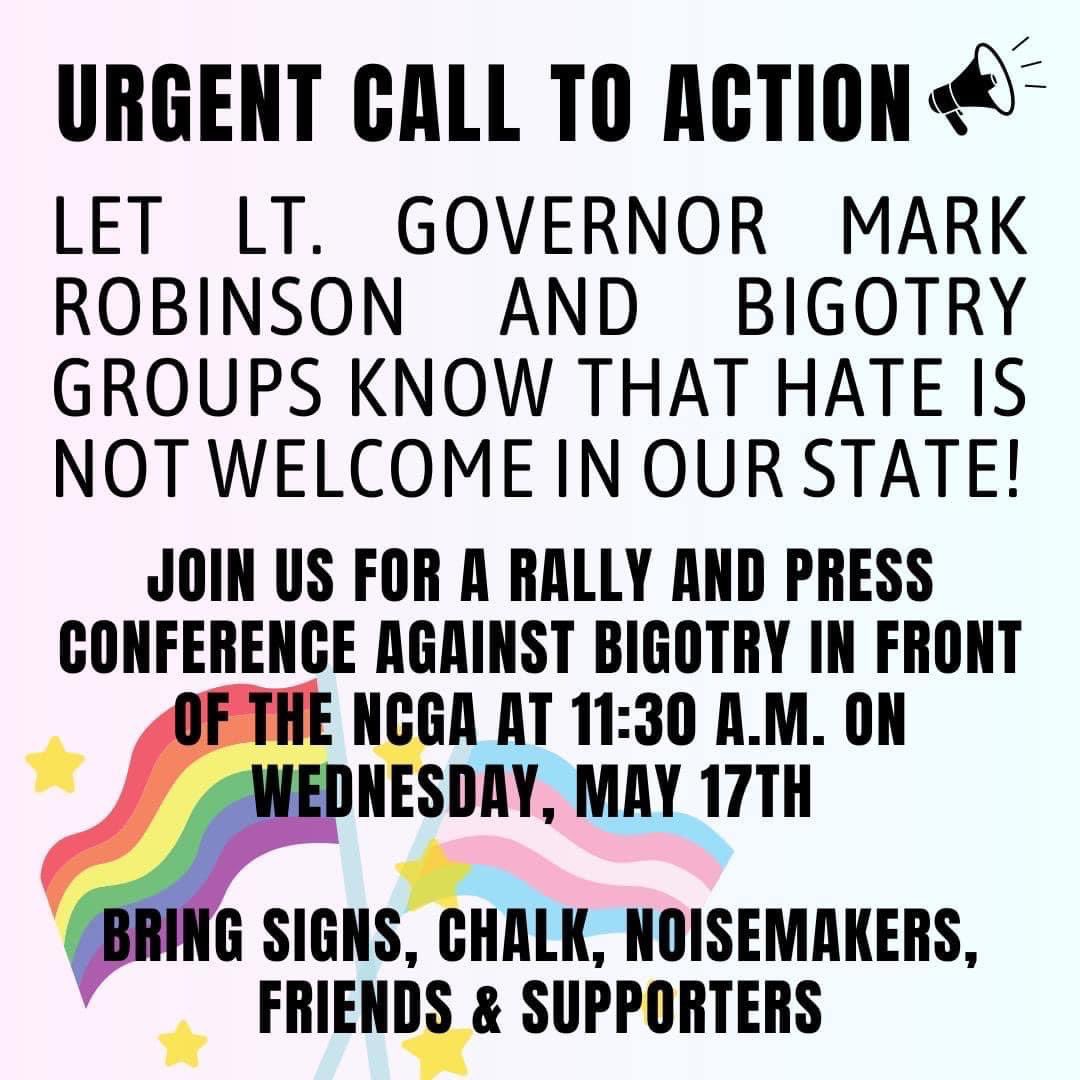 #raleighnc M4L is holding a Legislation Day at the General Assembly on may 17. 

Their agenda/program includes speaker such Mark Robinson and co-founder Tina Descovich. 

Help show that hate and bigotry have no place in public schools (or anywhere). 

Please share this graphic!