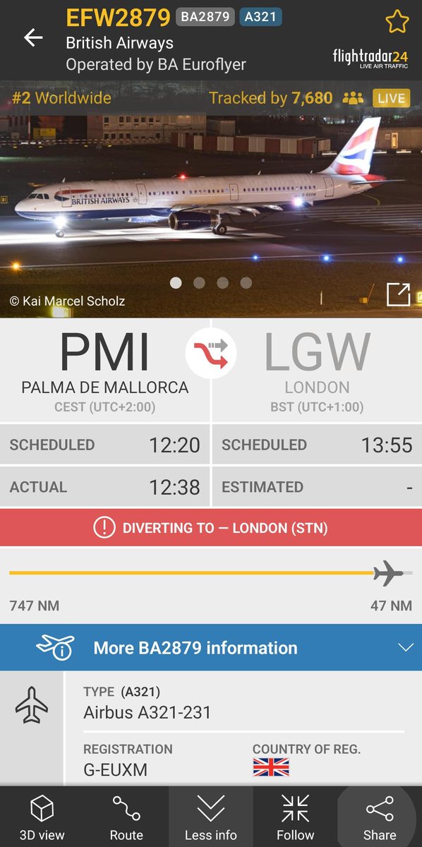richieaddis's tweet photo. A321 squawking 7700 diverting to London Stanstead #plane #Planespotting
#aviation #aviationgeek

BA2879 from Palma de Mallorca to London City https://t.co/r51ZwMO7nk https://t.co/hND9SymN7I