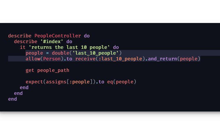 its_andl's tweet image. Just learned about test doubles in #rspec!
With people = double(&apos;last_10_people&apos;)
&amp;amp; allow(Person).to receive(:last_10_people).and_return(people),

I can create a fake object people and allow Person.last_10_people to return it for testing.

#ruby #rubyonrails