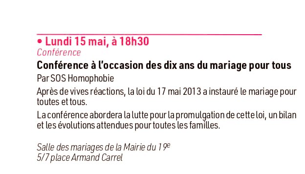 Lundi 15 mai 18h30 en Mairie de #Paris19 : conférence de SOS Homophobie sur les #10ans du mariage pour tous : histoire du combat LGBTQI+, débats parlementaires autour de la Loi, enjeux et perspectives #Egalité #MoisDesMemoires