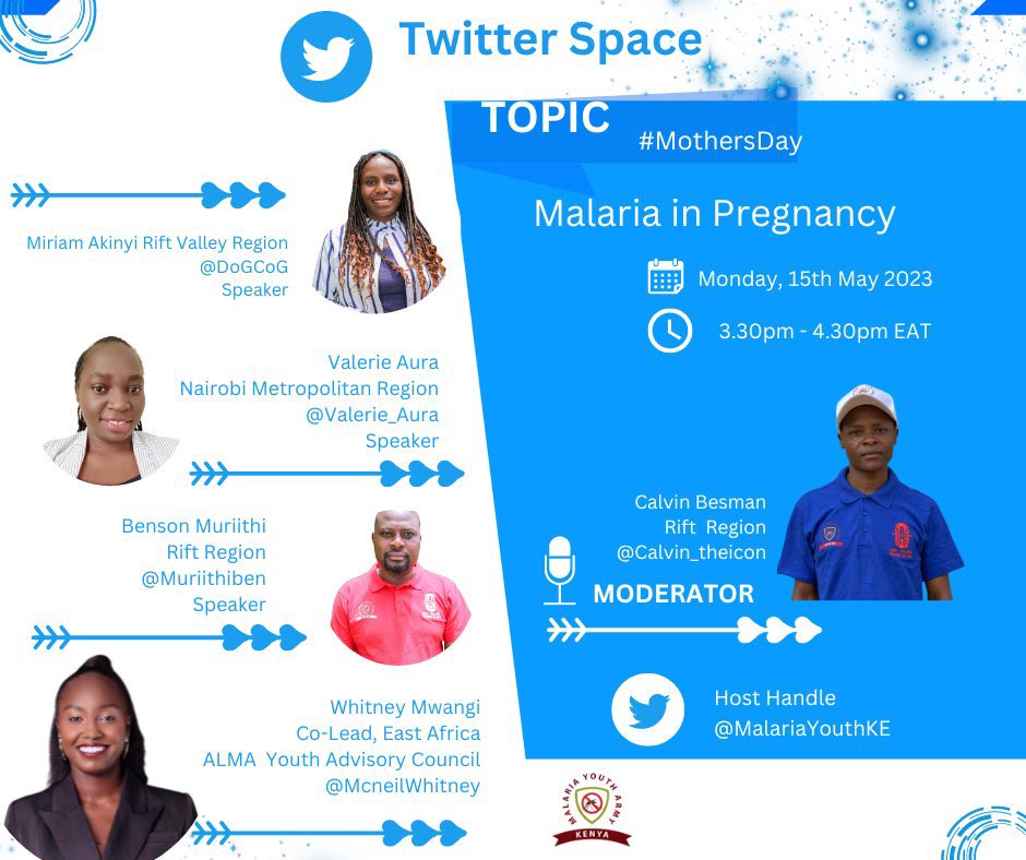 ❓You ever wondered what is the effect of malaria in pregnancy? 

Join our #MalariaYouthChampions in Kenya 🇰🇪 <a href="/MalariaYouthKE/">Kenya Malaria Youth Corps</a> as they embark  on this critical discussion tomorrow from 3:30pm EAT with our own <a href="/McneilWhitney/">Whitney Mwangi</a> East Africa Co-Lead <a href="/ALMA_2030/">African Leaders Malaria Alliance (ALMA)</a> Youth Advisory Council.