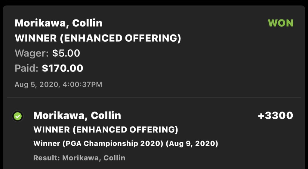 It was the 2020 PGA Championship and I was newly 21 years old and had always been a golf fan. I had no idea how to gamble but I saw a report about Morikawa playing at his college course and slapped $5 on him 

He eagled the par 4 16th to clinch it and I was incredibly hype https://t.co/oLIZOILrEf