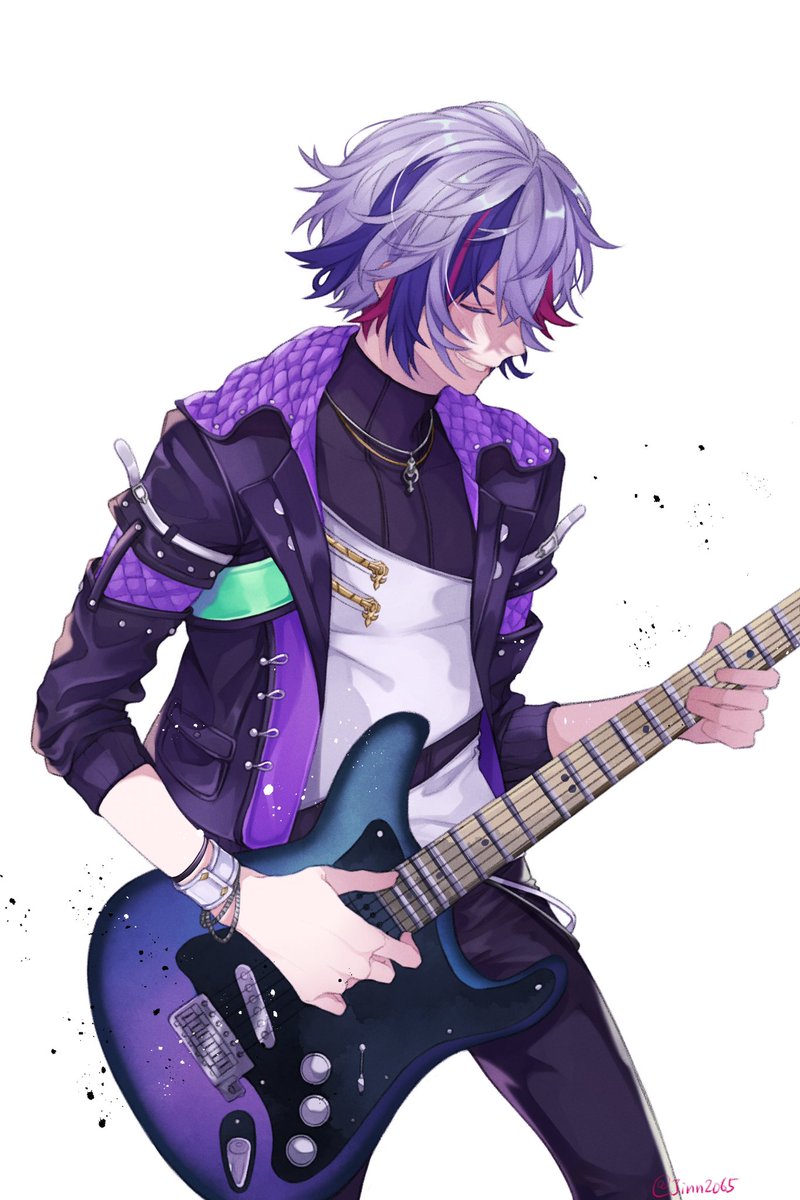 1boy male focus instrument guitar purple hair streaked hair playing instrument  illustration images