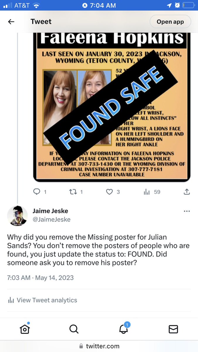 JaimeJeske's tweet photo. My second query to Sky Alert Foundation about the removed Missing poster for Julian Sands.

@SKYALERTFOUNDA1 @sky_missing @sbcountysheriff @VolunteerForces 

#JulianSands #missing #StillMissing #mtbaldy #missinghiker #missingactor #missing411 #California #Yorkshire https://t.co/Q7IaRUGqrS