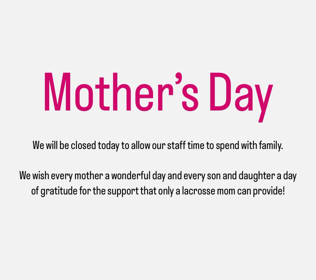 🚨Closed Today 🚨

Spending the day celebrating our moms, and hoping you can do the same!!