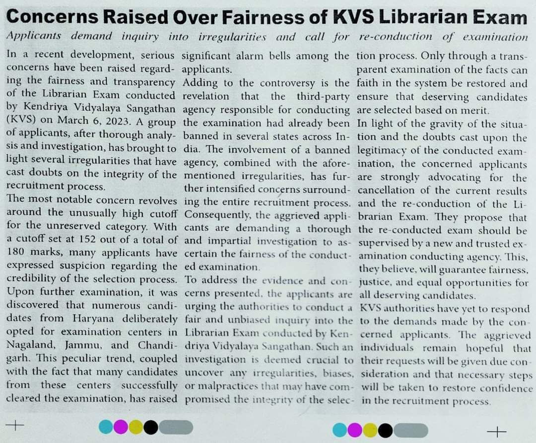 amiranis25's tweet photo. It's unacceptable that cheating in the KVS librarian exam has led to an unusually high cutoff depriving many qualified candidates of their rightful opportunity, An investigation and strict action against those involved.
#kvsscam #KVS_LIBRARIAN_EXAM_SCAM 
@EduMinOfIndia @PMOIndia https://t.co/yoSvp1ZYlM